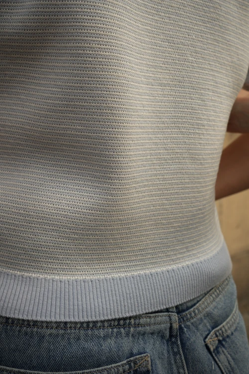 sweter, krótki rękaw, paski, merino, wełna, niebieski, biały