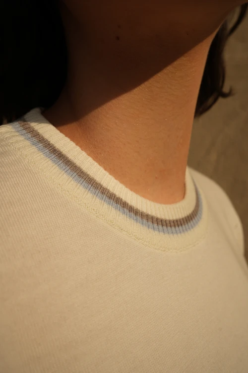 sweter, krótki rękaw, paski, merino, wełna, lamówka